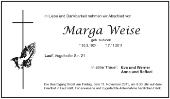 Traueranzeige von Marga Weise von Pegnitz-Zeitung